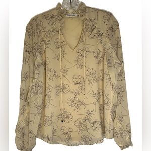 Calvin Klein Long Sleeve Ruffled‎ Sheer Floral V-neck Tan Blouse  Pre-owned XS